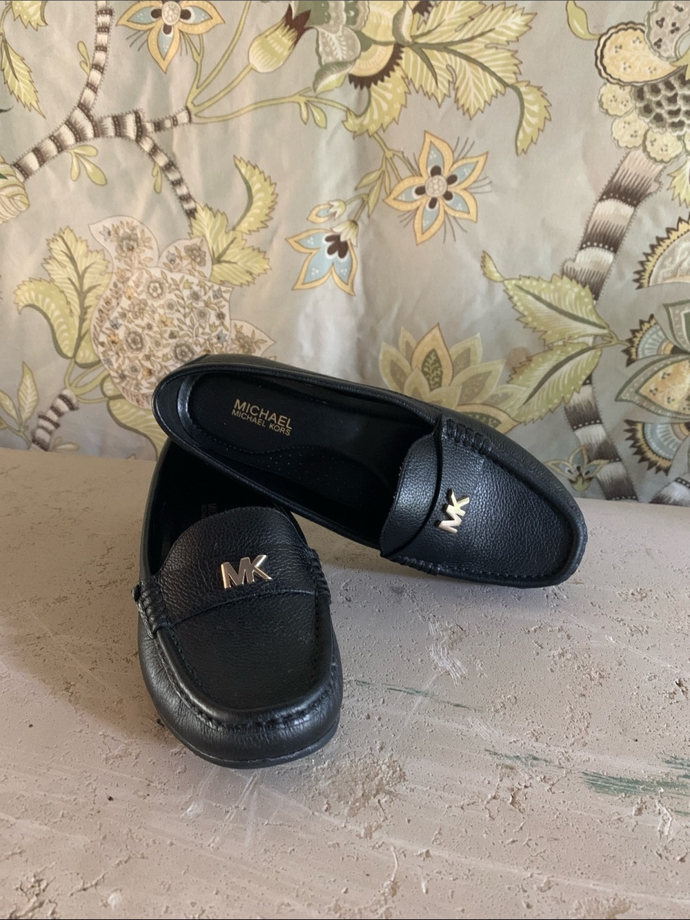 Michael Kors Black Pebbled Leather MK Logo Loafers with Gold Hardware
